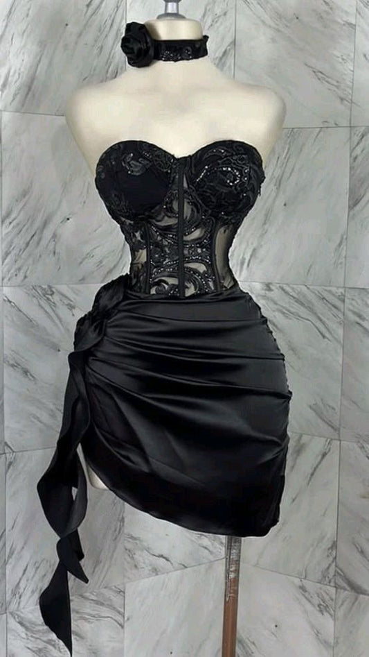 Black Sweetheart Party Dress A-Line Satin Applique Short Evening Dress Sexy Homecoming Dress HZ1024