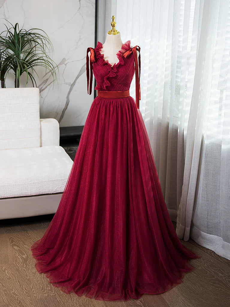 A-Line V Neck Tulle Burgundy Long Prom Dress, Burgundy Long Evening Dresses ED031