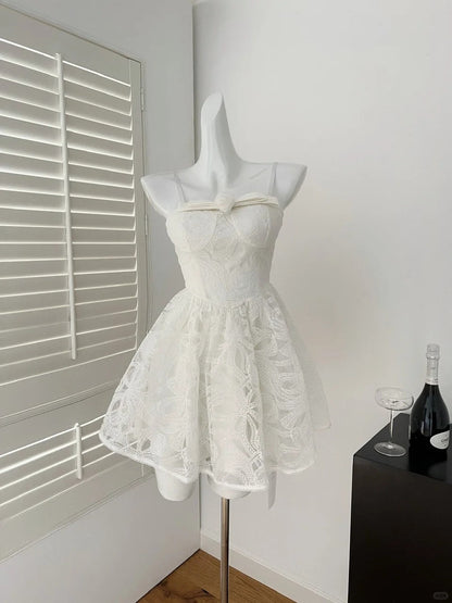 White Sweetheart Neck A-Line Lace Short Birthday Dress Pool Party Dress HZ1024