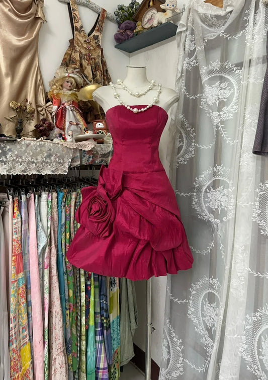 Vintage Red Strapless A-Line Taffeta Short Prom Dresses Classic Homecoming Dress ED03205