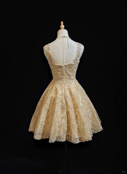 Glamour Gold Sweetheart Neck A-Line Tulle Sequin Short Prom Dresses Sweet 16 Dress ED03207