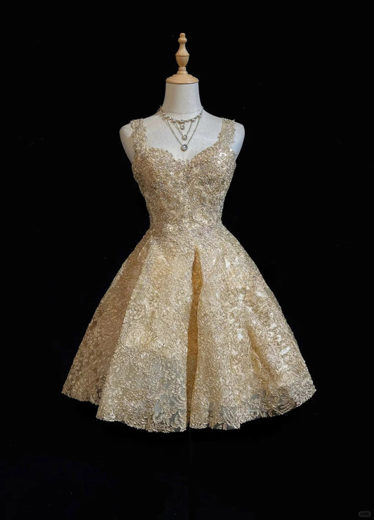 Glamour Gold Sweetheart Neck A-Line Tulle Sequin Short Prom Dresses Sweet 16 Dress ED03207
