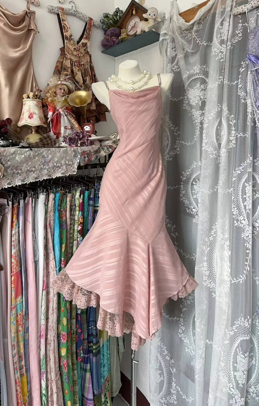 Stunning Spaghetti Straps Pink Sheath Chiffon Lace Short Vintage Prom Dresses ED03208