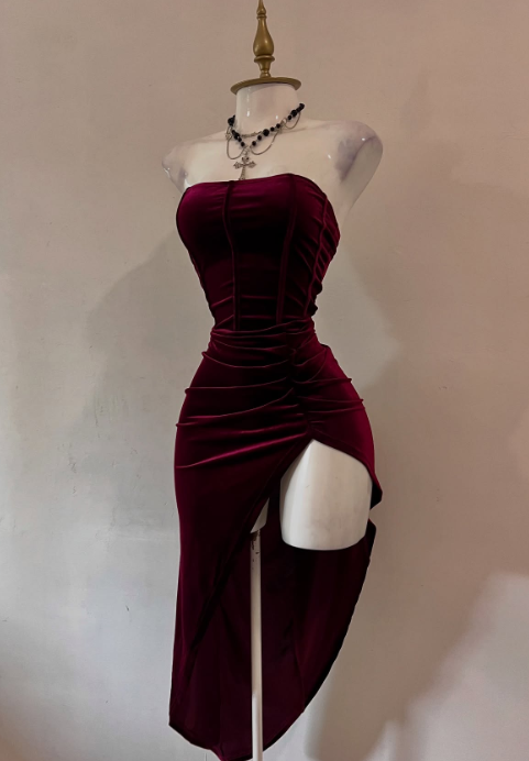 Elegant Burgundy Strapless Party Dress Bodycon Satin Short Evening Gowns Sexy Birthday Dresses ED03209