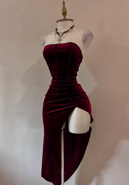 Elegant Burgundy Strapless Party Dress Bodycon Satin Short Evening Gowns Sexy Birthday Dresses ED03209