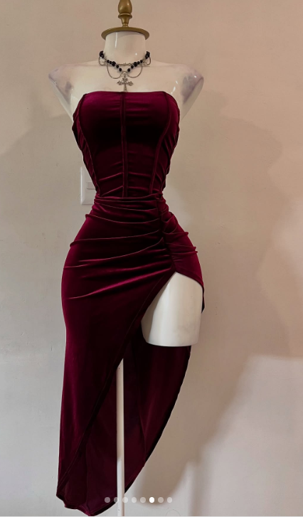 Elegant Burgundy Strapless Party Dress Bodycon Satin Short Evening Gowns Sexy Birthday Dresses ED03209