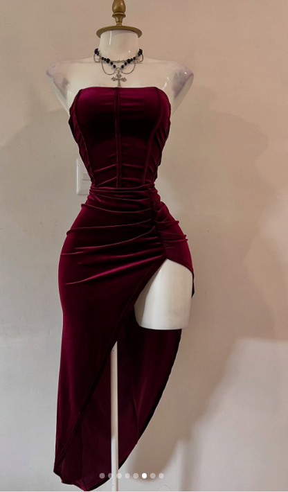 Elegant Burgundy Strapless Party Dress Bodycon Satin Short Evening Gowns Sexy Birthday Dresses ED03209