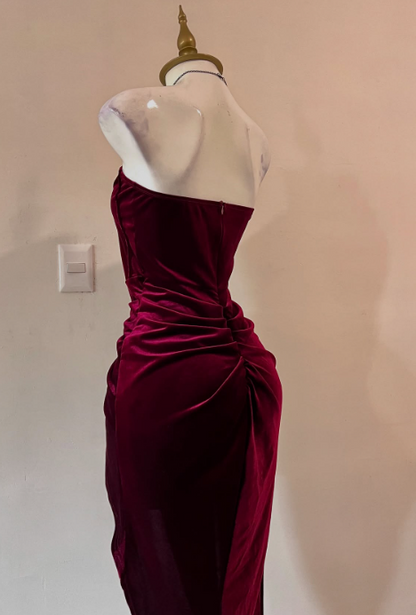 Elegant Burgundy Strapless Party Dress Bodycon Satin Short Evening Gowns Sexy Birthday Dresses ED03209