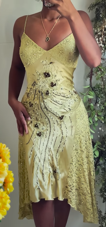 Y2K Yellow Spaghetti Straps Sheath Satin Lace Short Prom Dresses Formal Evening Gowns with Beading ED03213