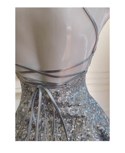 Glitter Silver Halter Neck A-Line Sequin Short Prom Dresses Formal Evening Gowns ED03214
