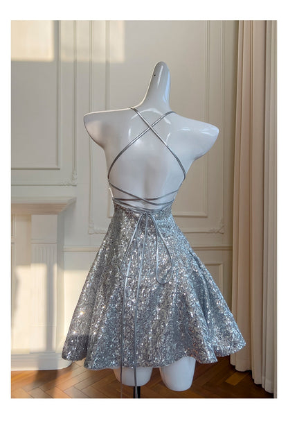 Glitter Silver Halter Neck A-Line Sequin Short Prom Dresses Formal Evening Gowns ED03214