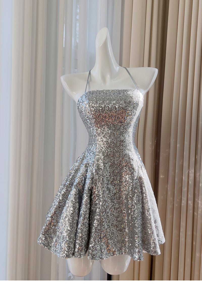 Glitter Silver Halter Neck A-Line Sequin Short Prom Dresses Formal Evening Gowns ED03214