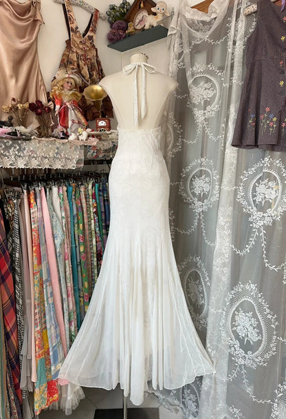 Elegant White Halter Sheath Chiffon Long Prom Dresses Vintage Backless Evening Gowns ED03215