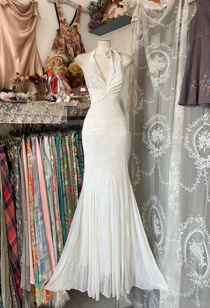 Elegant White Halter Sheath Chiffon Long Prom Dresses Vintage Backless Evening Gowns ED03215