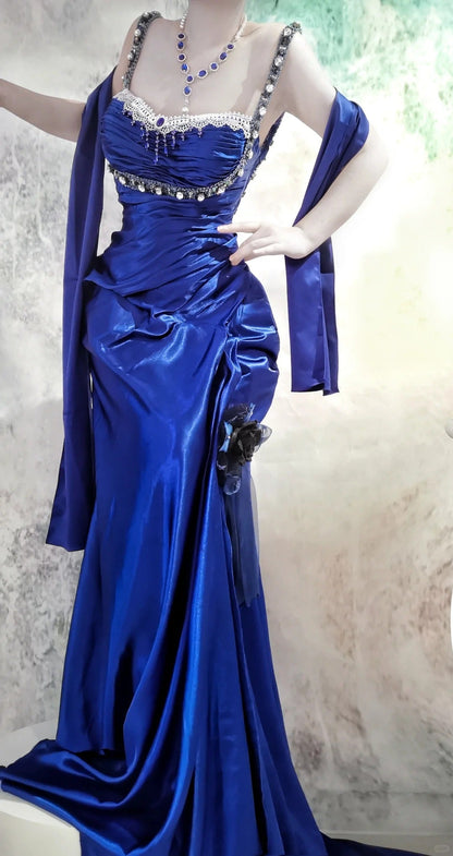 Blue Straps Mermaid Satin Long Prom Dresses, Beaded Formal Evening Gowns HZ1024