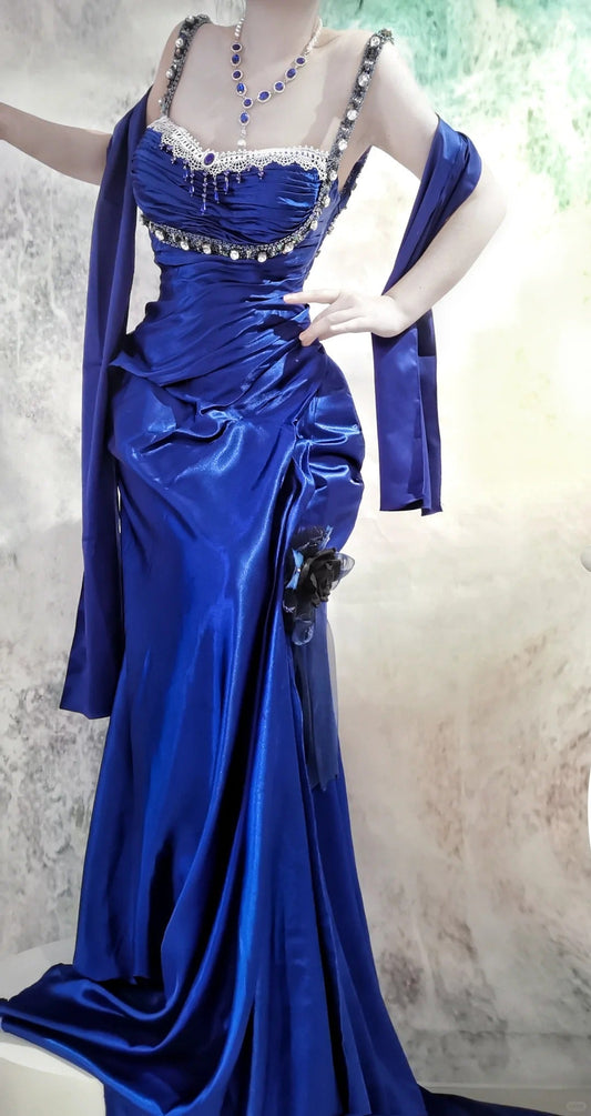 Blue Straps Mermaid Satin Long Prom Dresses, Beaded Formal Evening Gowns HZ1024