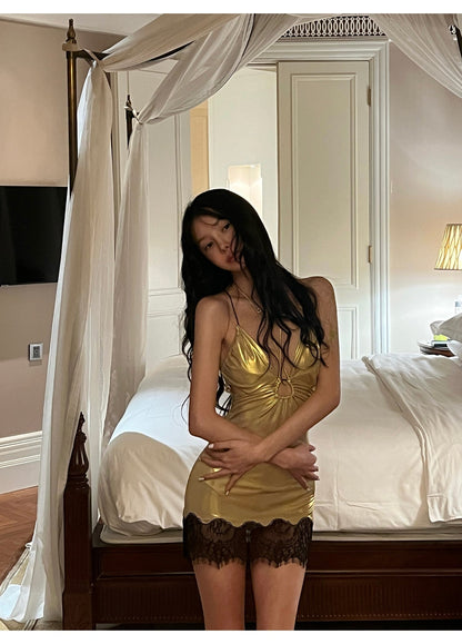 Gold Halter Neck Bodycon Satin Lace Short Outdoor Party Dress Fashion Homecoming Dress HZ1024