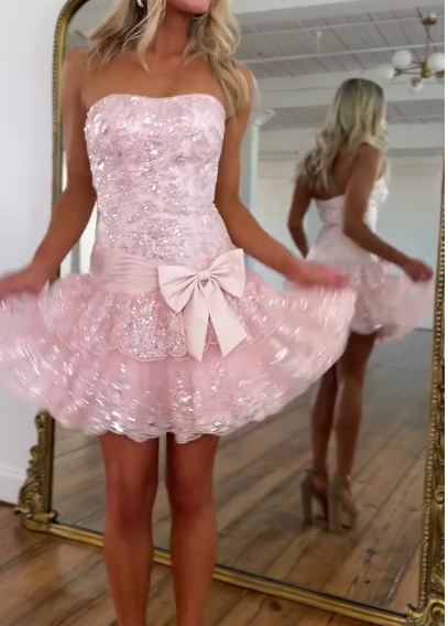 Pink Strapless Sheath Tulle Sequin Short Prom Dresses Sweet Homecoming Dress HZ1024