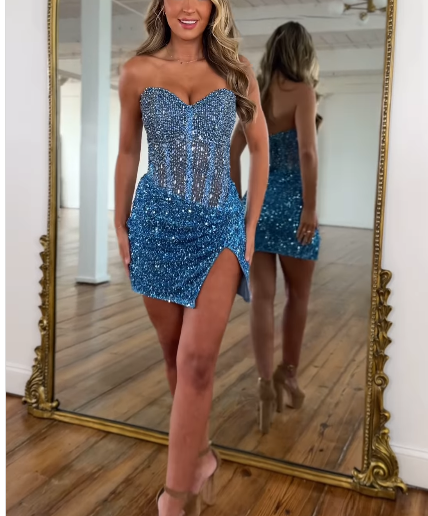 Blue Sweetheart Neck Sheath Sequin Short Prom Dresses Stylish Homecoming Dress with Slits HZ1024