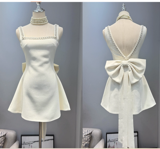 White Square Neck A-Line Short Birthday Dress with Beading HZ1024