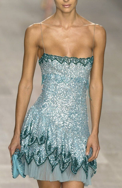 Blue Spaghetti Straps Sheath Sequins Short Evening Dress Party Dress HZ1024