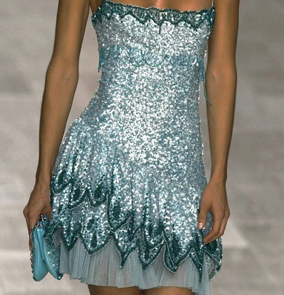 Gorgeous Blue Spaghetti Straps Sheath Sequins Short Evening Dress Party Dress ED03241
