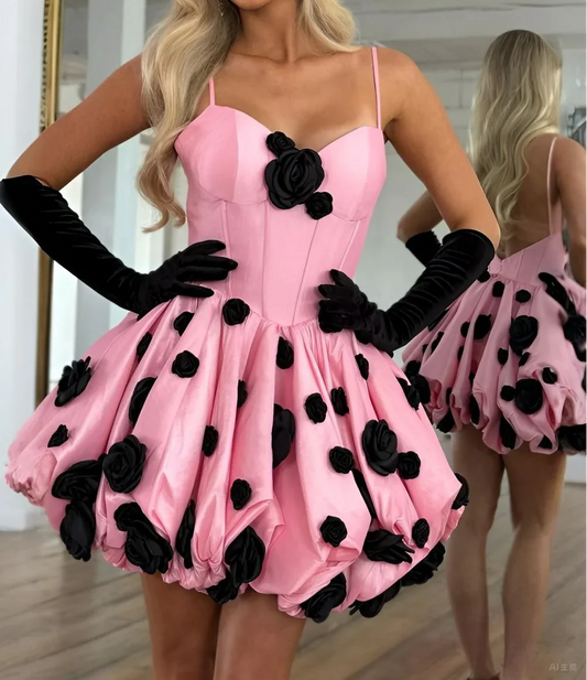 Spaghetti Straps Pink A-Line Satin Backless Short Homecoming Dress with Appliques HZ1024