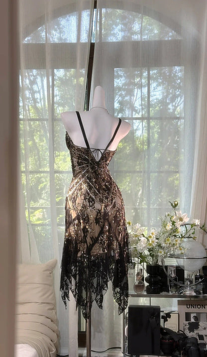 Black Spaghetti Straps A-Line Lace Beaded Short Prom Dresses Vintage Evening Dresses HZ1024