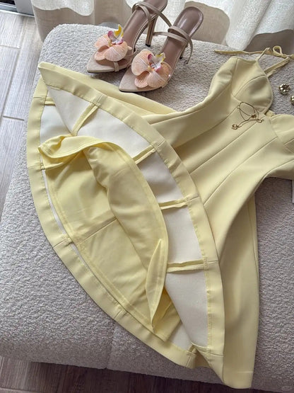 Butter Yellow Spaghetti Straps A-Line Satin Short Birthday Party Dress HZ1024