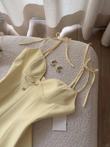 Butter Yellow Spaghetti Straps A-Line Satin Short Birthday Party Dress HZ1024