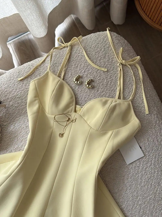 Sweet Butter Yellow Spaghetti Straps A-Line Satin Short Birthday Party Dress ED03249