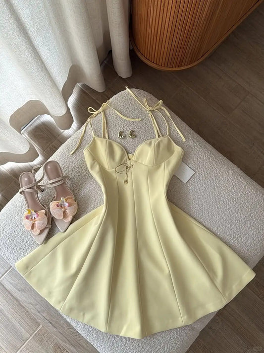 Butter Yellow Spaghetti Straps A-Line Satin Short Birthday Party Dress HZ1024