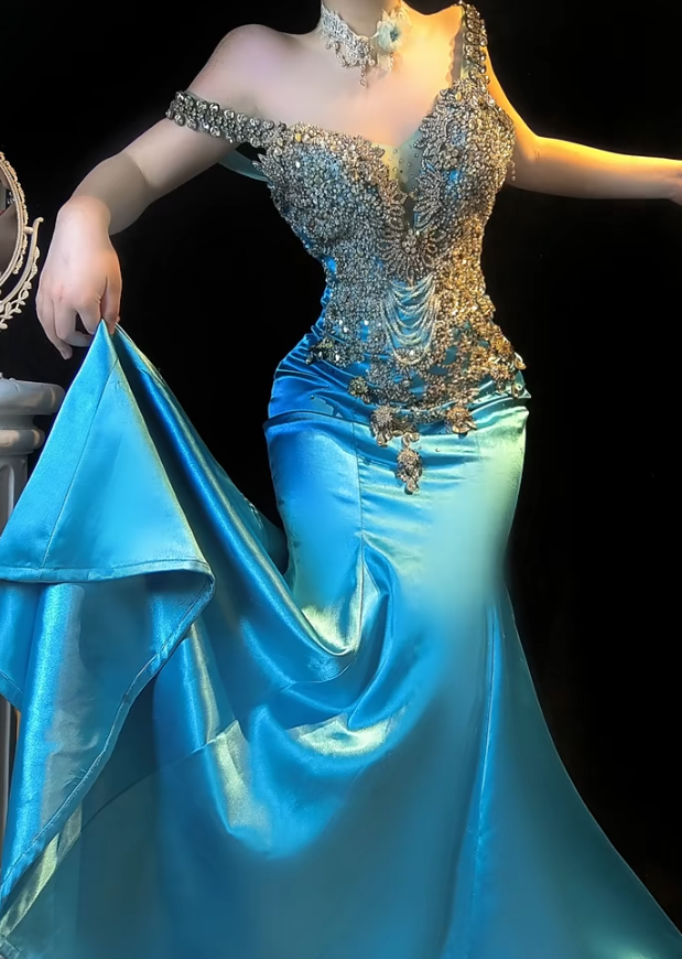 Blue Off Shoulder Mermaid Beaded Satin Long Prom Dresses Formal Evening Gowns HZ1024