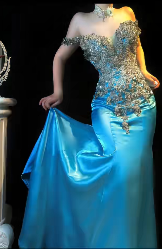 Blue Off Shoulder Mermaid Beaded Satin Long Prom Dresses Formal Evening Gowns HZ1024