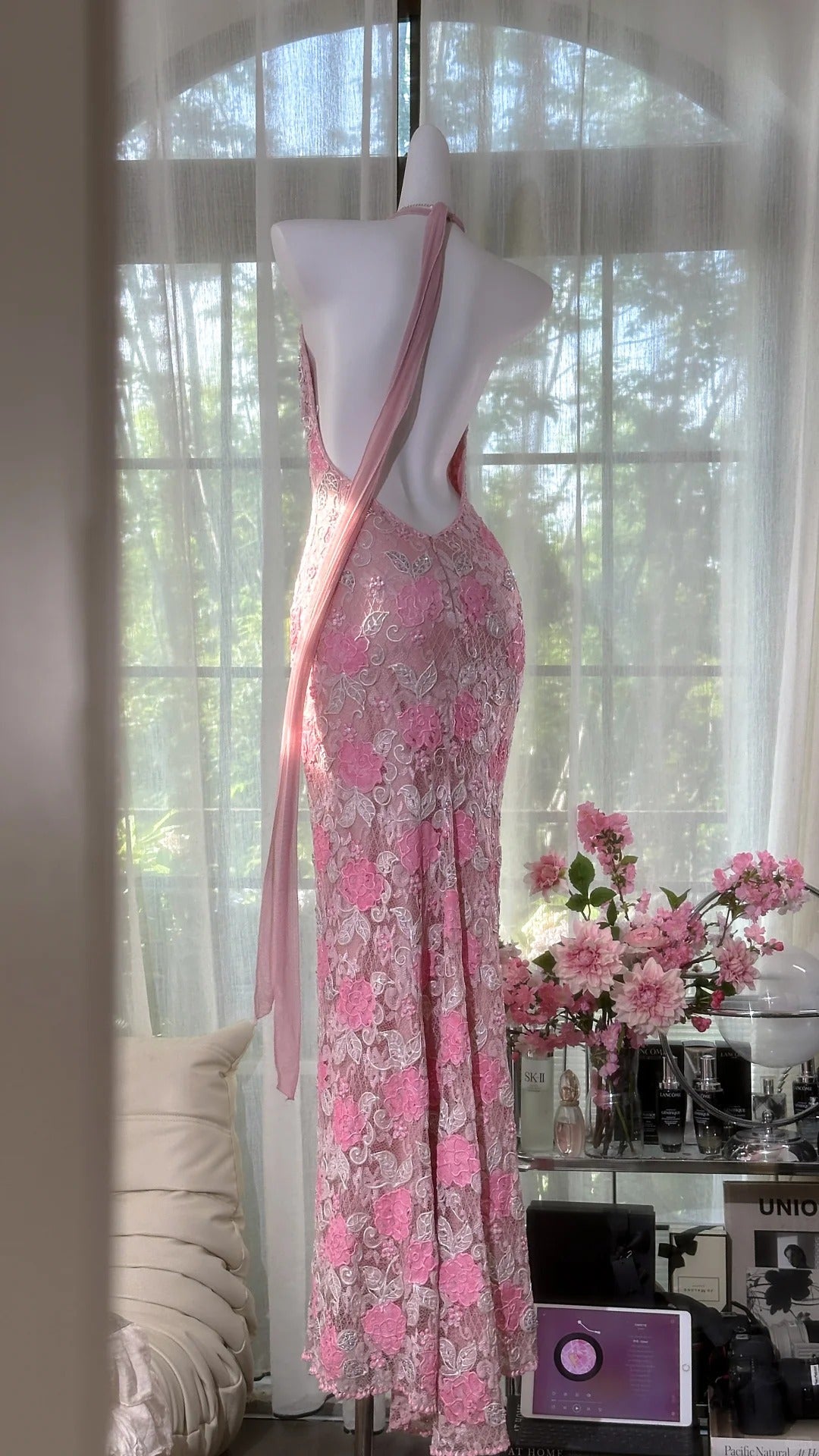 Pink V-Neck Sheath Tulle Beaded Long Prom Dresses Gorgous Backless Evening Gowns ED03258