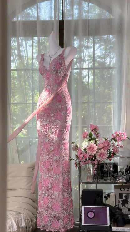 Pink V-Neck Sheath Tulle Beaded Long Prom Dresses Gorgous Backless Evening Gowns ED03258