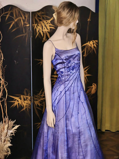 Spaghetti Straps Purple Satin Long Prom Dresses Vintage Evening Dresses with Beading HZ1024