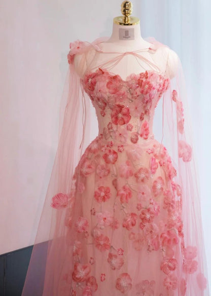 Neck Sheath Tulle Applique Long Prom Dresses Sweet Pink Birthday Dresses HZ1024