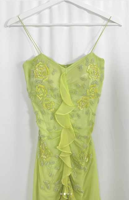 Green Sheath Spaghetti Straps Chiffon Long Prom Dresses with Beading Elegant Evening Dress HZ1024