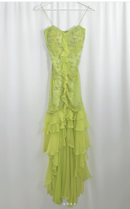 Green Sheath Spaghetti Straps Chiffon Long Prom Dresses with Beading Elegant Evening Dress HZ1024