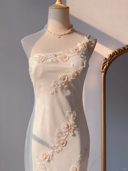 White Mermaid One Shoulder Chiffon Long Evening Gown Gonws with Beading Vintage Prom Dresses HZ1024