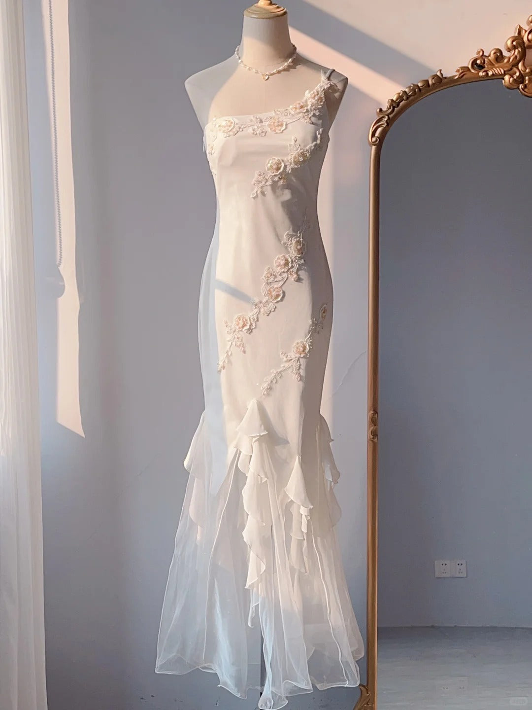 White Mermaid One Shoulder Chiffon Long Evening Gown Gonws with Beading Vintage Prom Dresses HZ1024