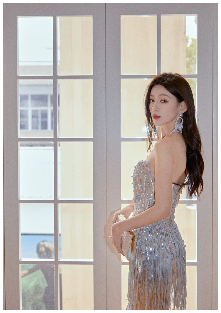 Gorgeous Sheath Strapless Beaded Short Evening Dress Glitter Homecoming Dress With Tassels ED03279