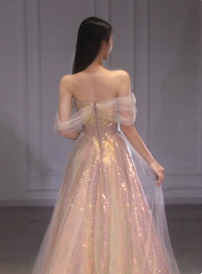 Gorgeous Sweetheart Neck A-Line Tulle Sequin Long Prom Dresses, Sweet 16 Dress ED03287