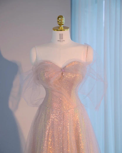 Gorgeous Sweetheart Neck A-Line Tulle Sequin Long Prom Dresses, Sweet 16 Dress ED03287
