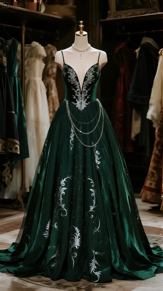 Chic Dark Green V-Neck A-Line Satin Long Prom Dresses Graduation Prom Outfits ED03289