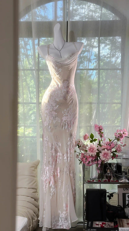 Vintage Sheath Spaghetti Straps Printed Chiffon Long Prom Dresses Glam Evening Dress with Beading ED03292