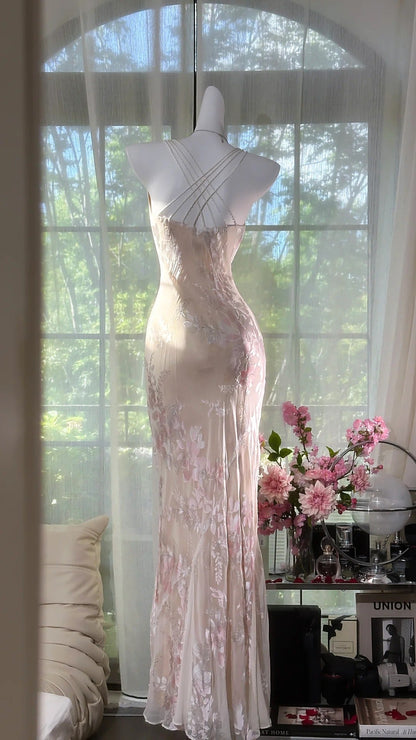Vintage Sheath Spaghetti Straps Printed Chiffon Long Prom Dresses Glam Evening Dress with Beading ED03292