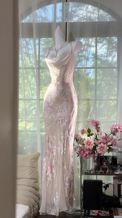Sheath Spaghetti Straps Printed Chiffon Long Prom Dresses Glam Evening Dress with Beading HZ1024