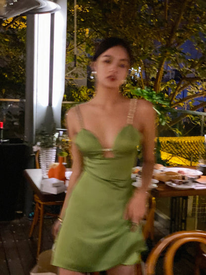 A-Line Green Spaghetti Strap Satin Short Birthday Dress Chic Outdoor Party Dress ED03294